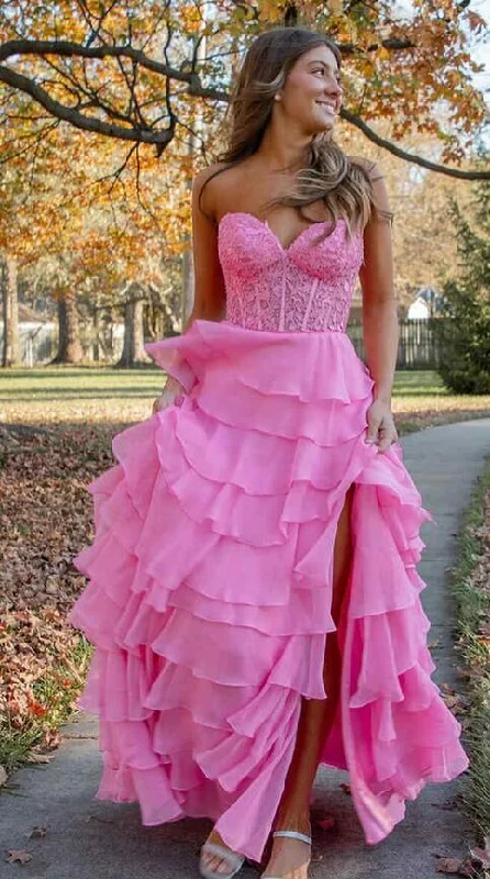 Sweetheart Chiffon Ruffle Long Prom Dress with Lace Bodice PC1233