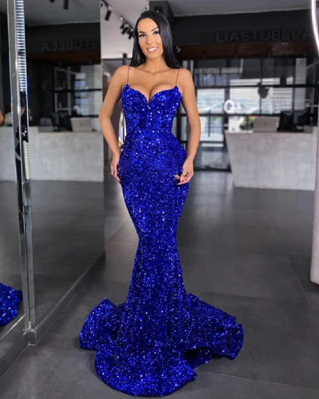 Sweetheart Mermaid Style Royal Blue Sequins Velvet Long Dresses Formal Evening Gown PL10414