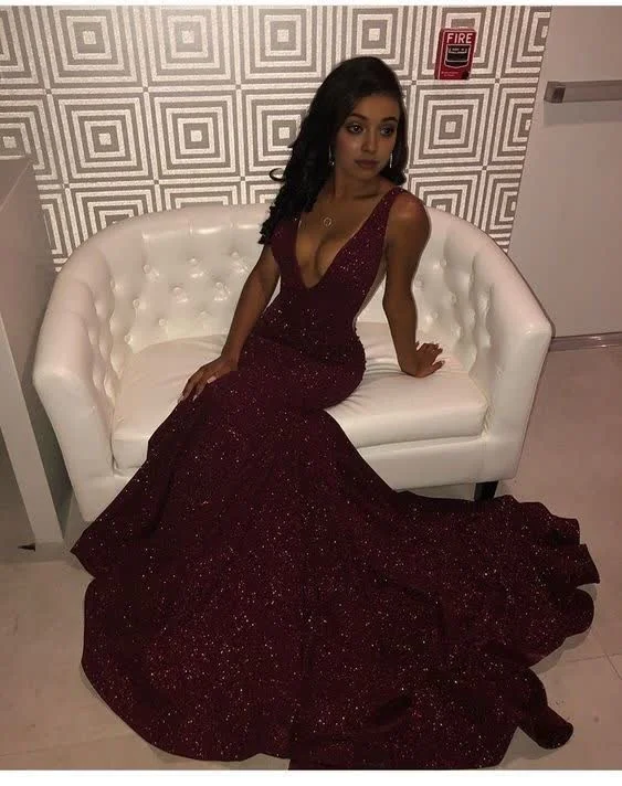 V neck Sequin Burgundy Mermaid Prom Dress