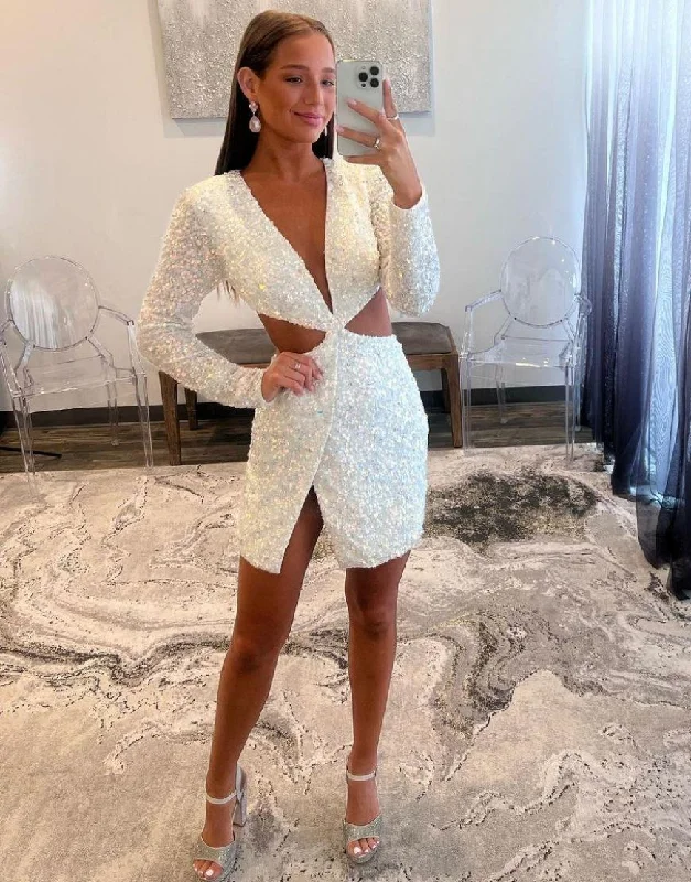 White Sequin Long Sleeves Cutout Waist Homecoming Dress